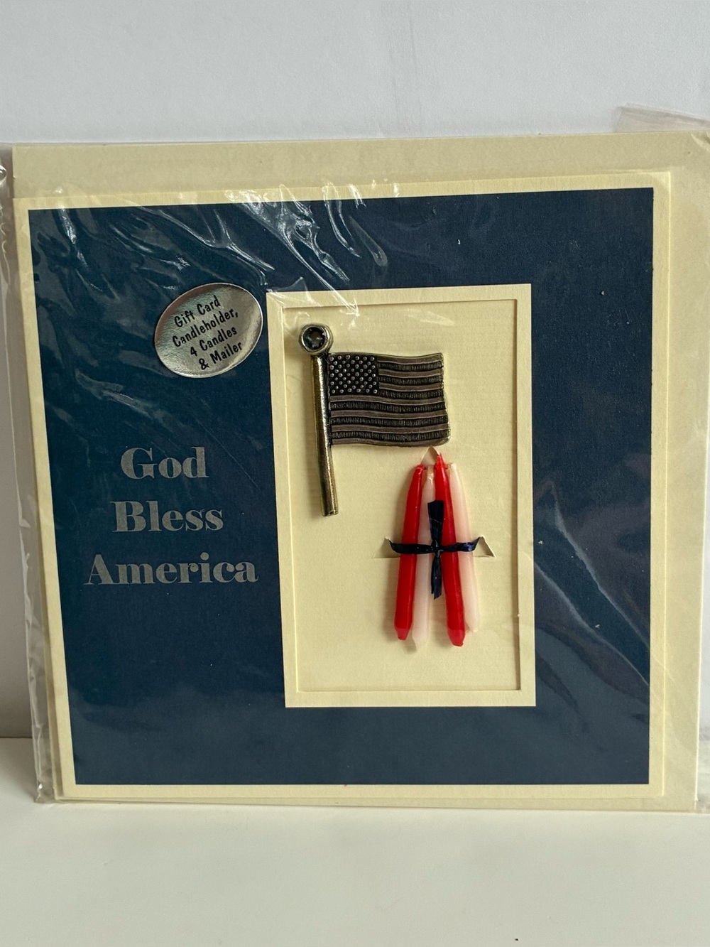 Vintage Pewter Flag Candles Holder Card Lighten-Up Gifts Let Freedom Ring NOS